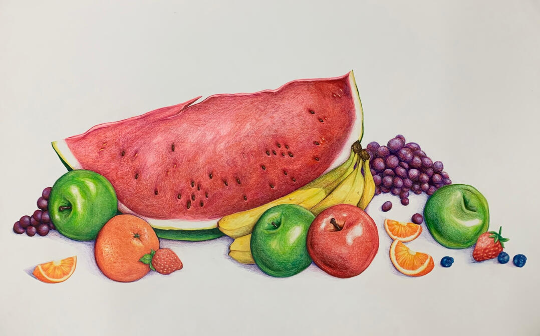 lil bit fruity, colored pencil on paper, 26x40, 2023