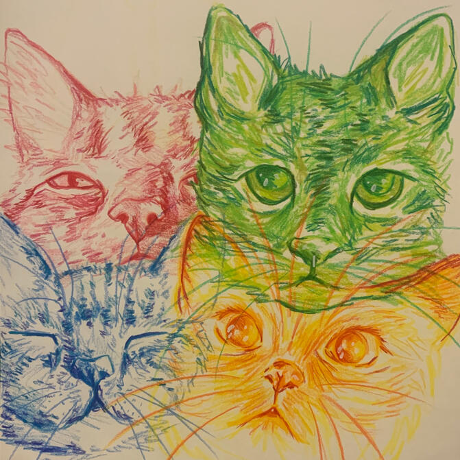 Kitties!! , Coloured Pencil on paper, 5x5, 2023